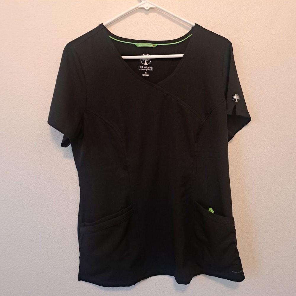 HH Works by Healing Hands Black Scrub Top V-Neck Mock Wrap Medical Nurse Medium
